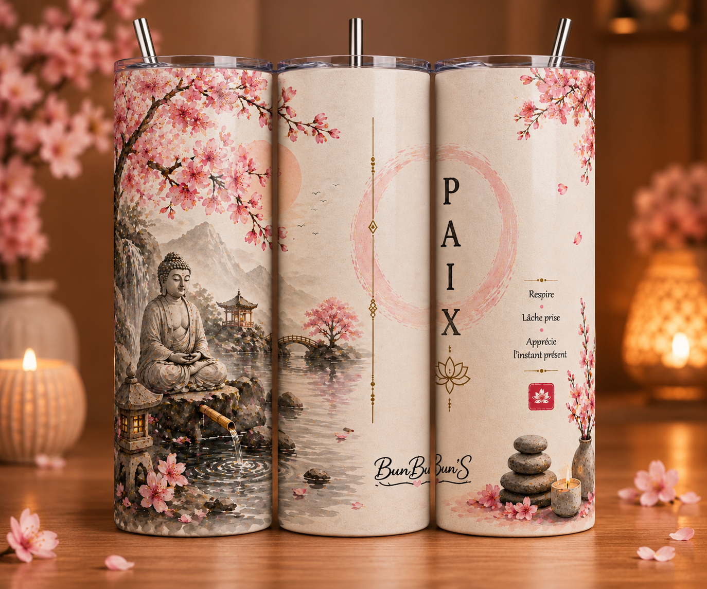 Gobelet Isotherme Zen "Paix" 20oz – Tumbler Ambiance Asiatique avec Paille Métal