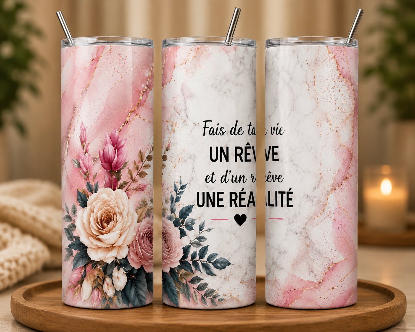 Gobelet Isotherme "Fais De Ta Vie Un Rêve" 20oz – Tumbler Motivation avec Paille Métal