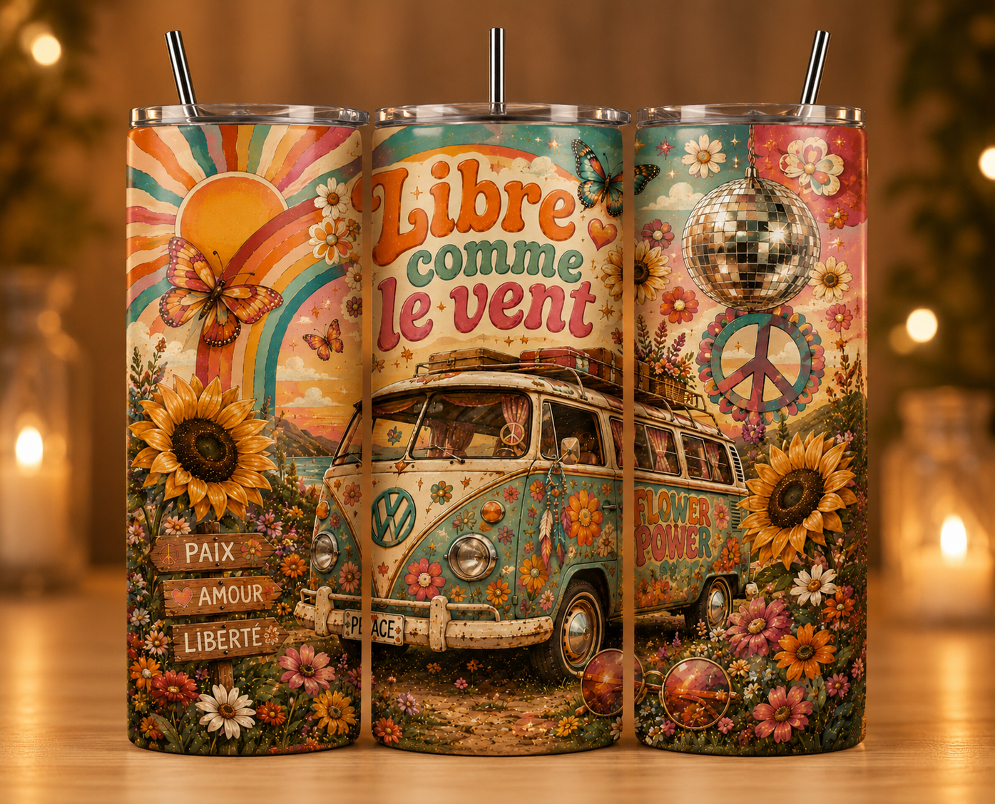 Gobelet Isotherme Van "Libre Comme Le Vent" 20oz – Tumbler Rétro avec Paille Métal