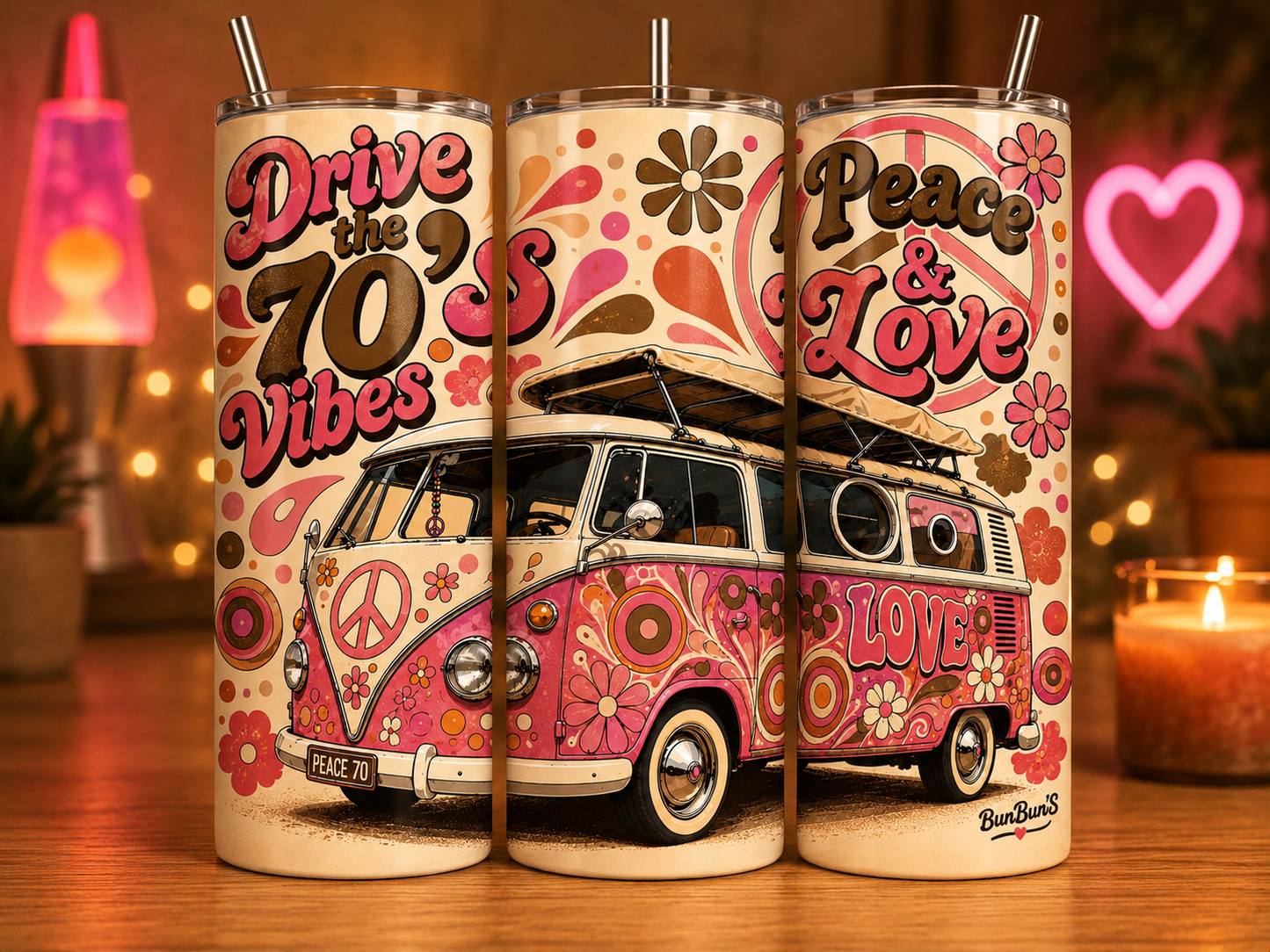 Gobelet Isotherme Combi Van 70's "Peace & Love" 20oz – Tumbler Rétro | Vintage avec Paille Métal