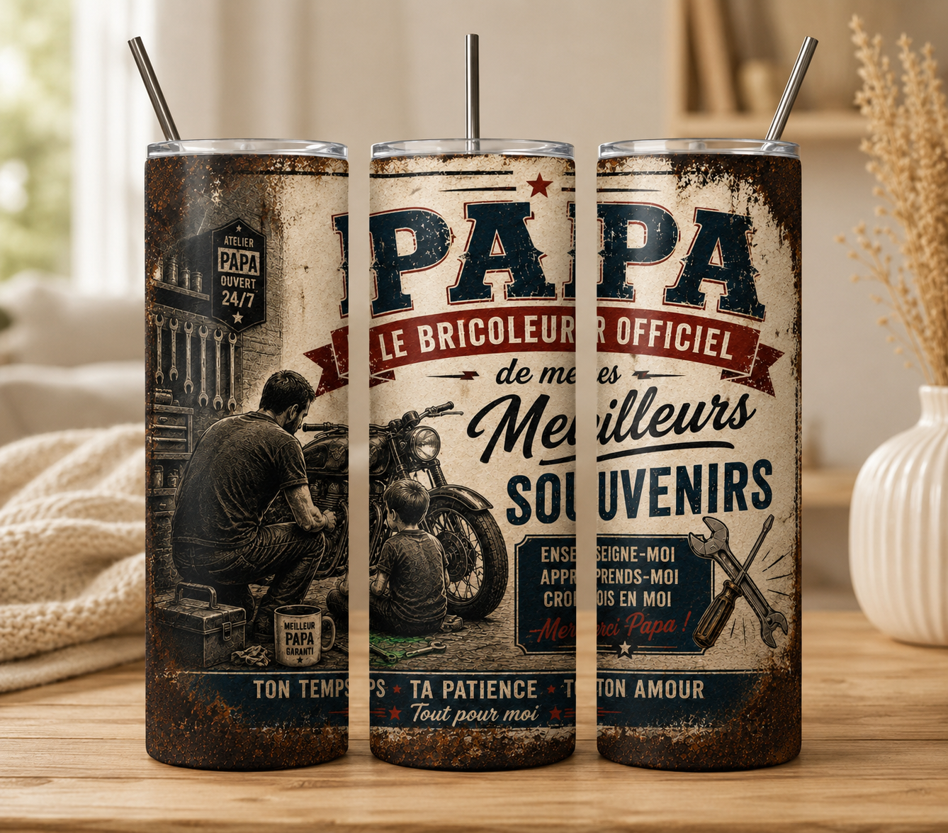 Gobelet Isotherme PAPA effet plaque "Plusieurs Modèles Disponibles" 20oz – Tumbler Papa avec Paille Métal