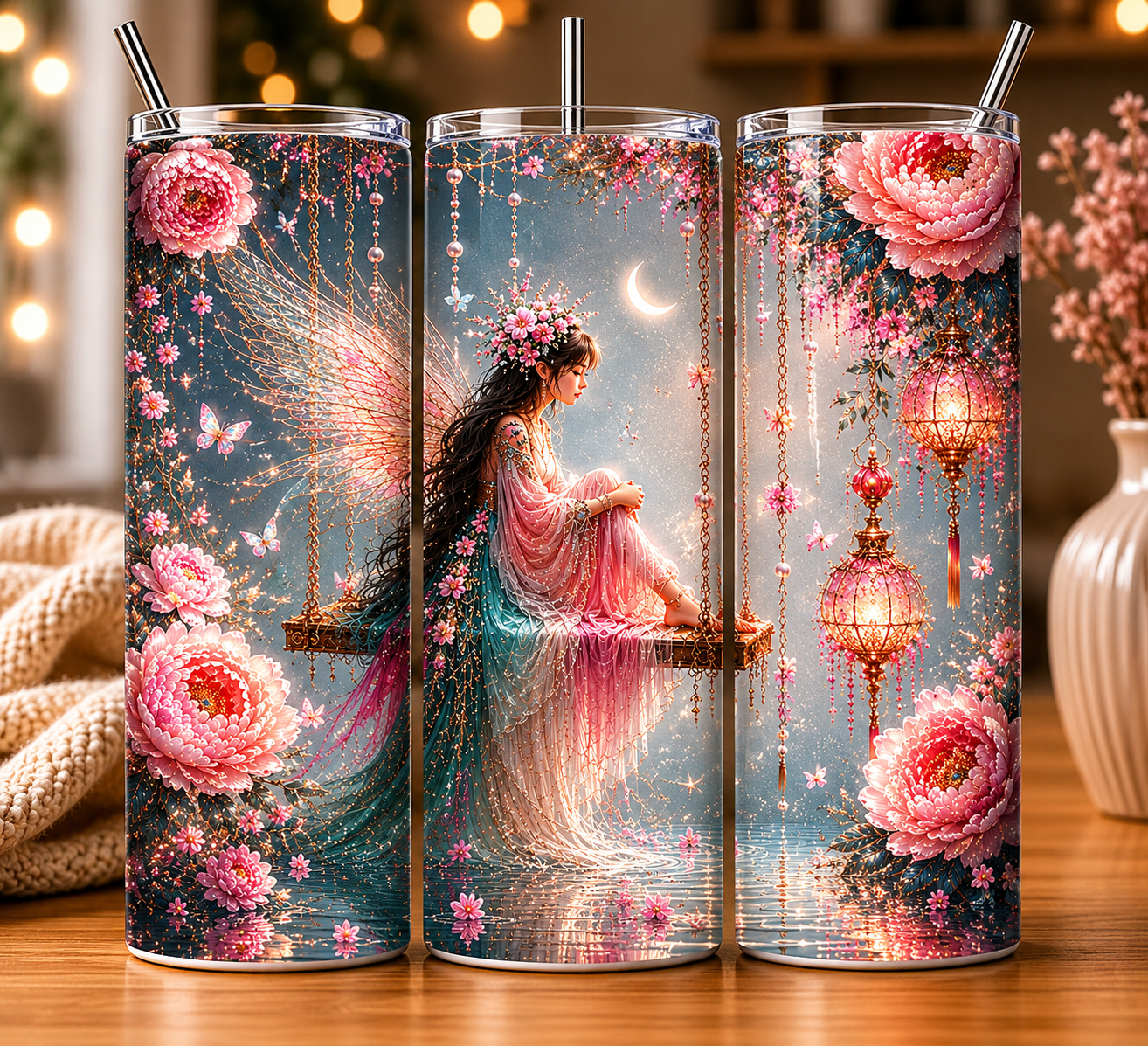 Gobelet Isotherme Fée Rose Fleurs 20oz – Tumbler Féérique avec Paille Métal