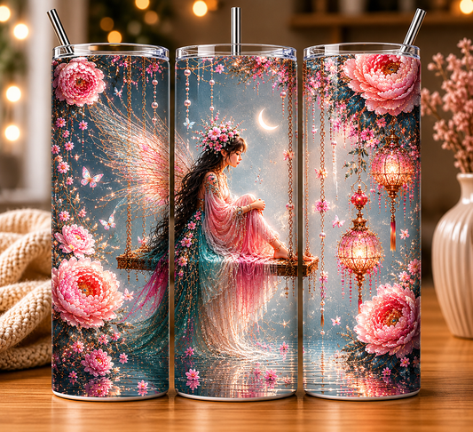 Gobelet Isotherme Fée Rose Fleurs 20oz – Tumbler Féérique avec Paille Métal