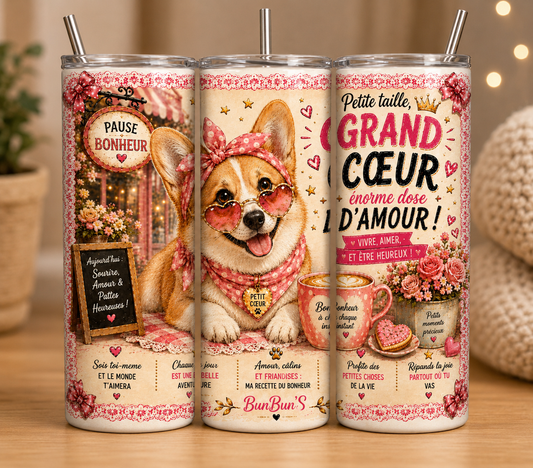 Gobelet Isotherme Chien Corgi "Grand Cœur" 20oz – Tumbler Animaux avec Paille Métal