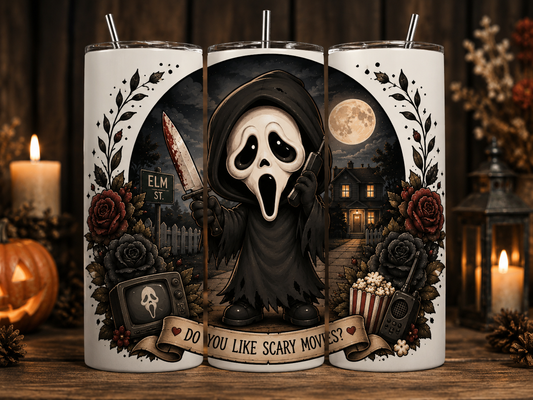 Gobelet 20oz GhostFace Halloween – Tumbler Horreur Kawaii "Do You Like Scary Movies?" avec Paille Métal