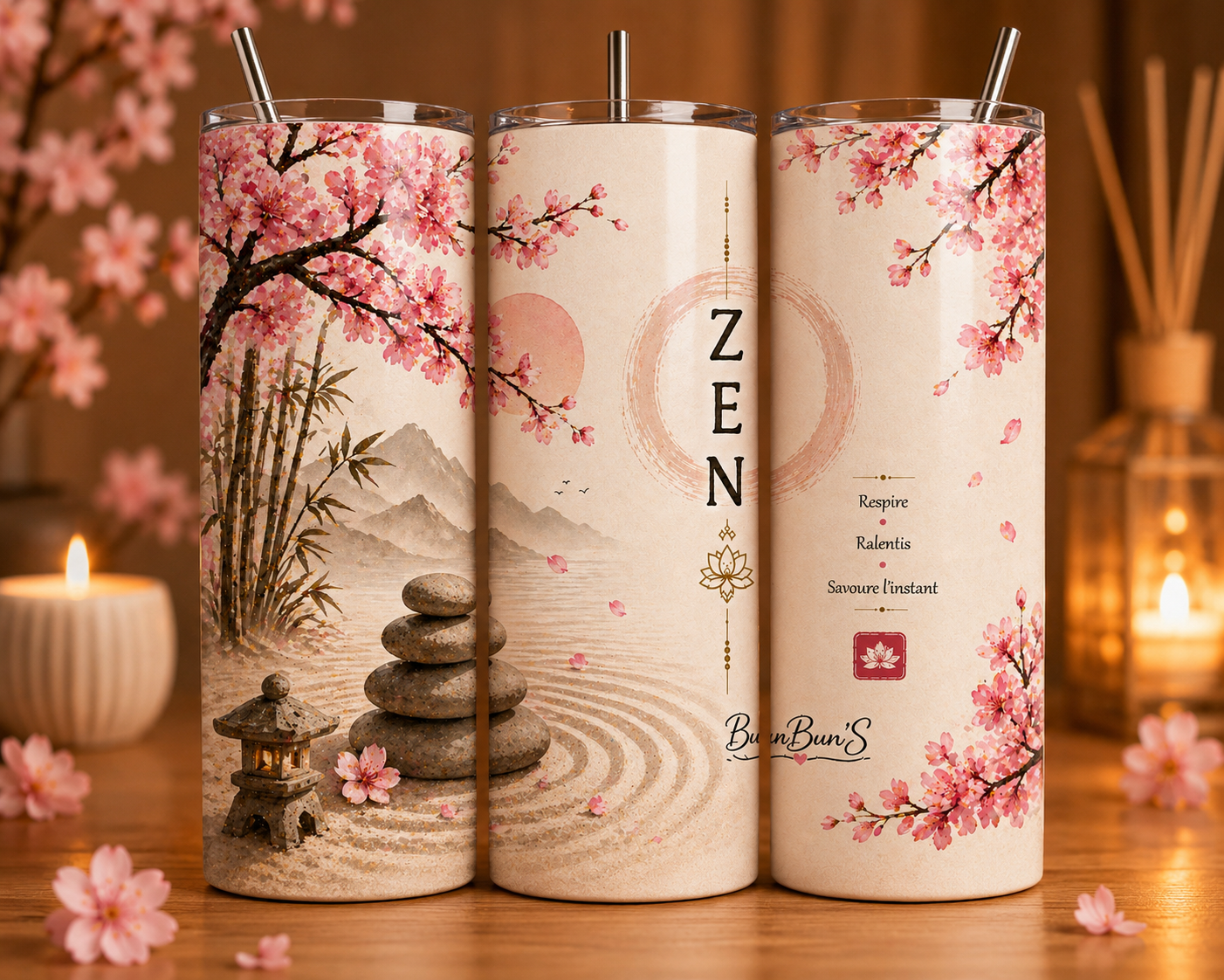 Gobelet Isotherme "Zen" 20oz – Tumbler Ambiance Asiatique avec Paille Métal
