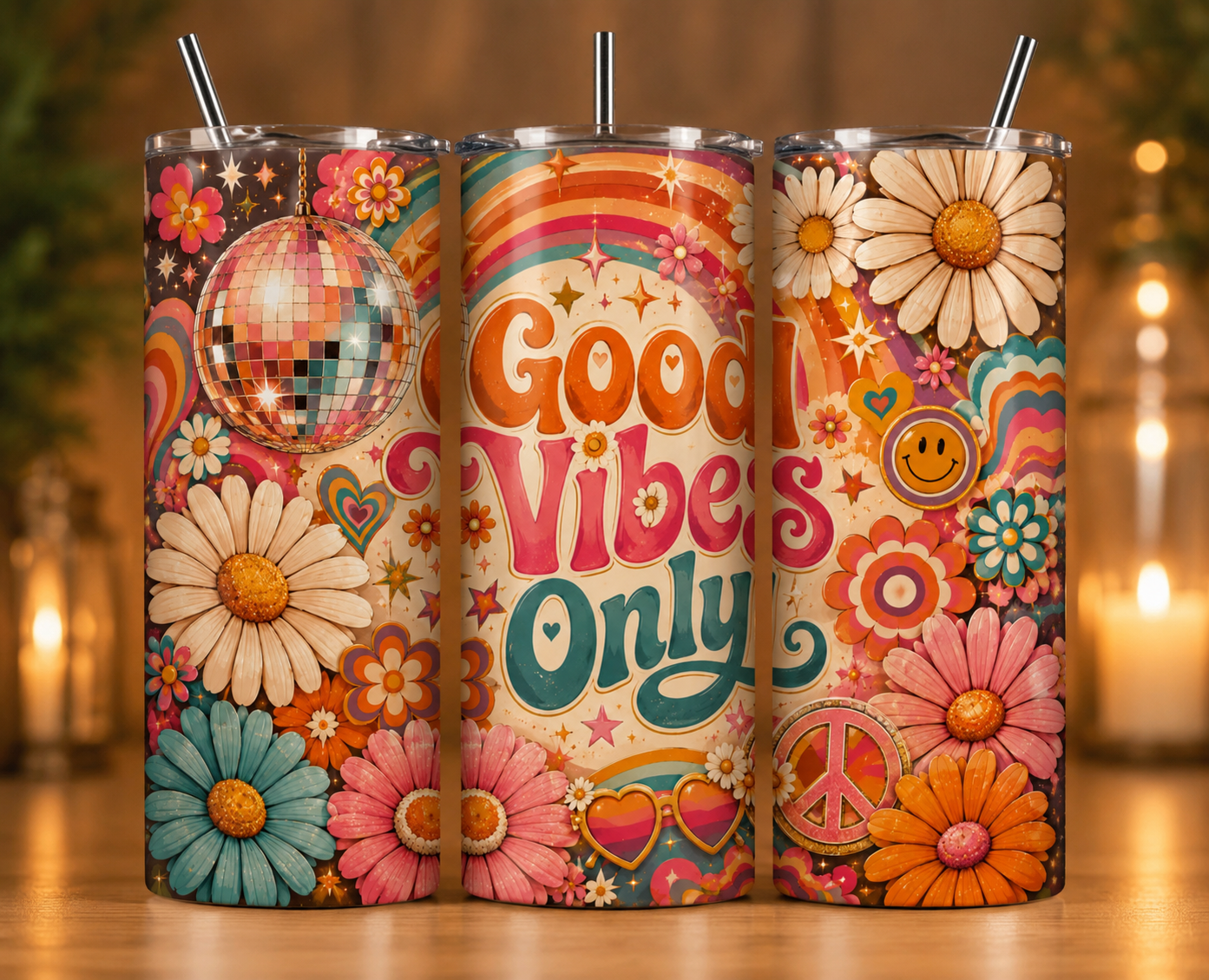 Gobelet Isotherme "Good Vibes Only" 20oz – Tumbler Rétro avec Paille Métal
