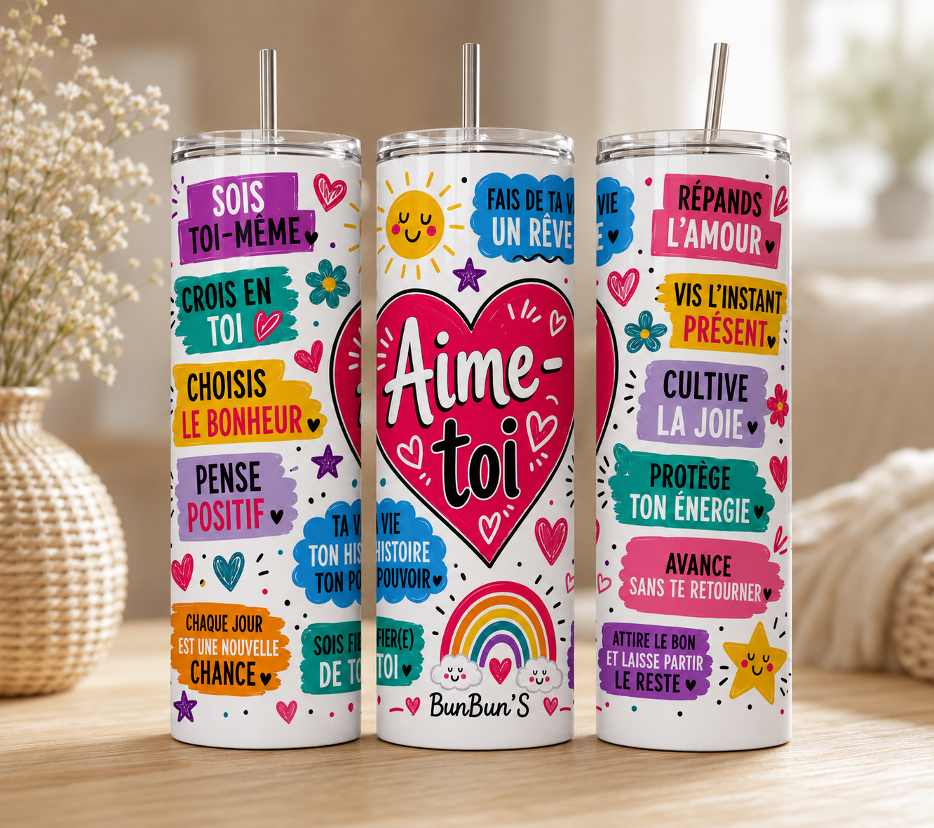 Gobelet Isotherme Positif "Aime-Toi" 20oz – Tumbler Ondes Positives avec Paille Métal
