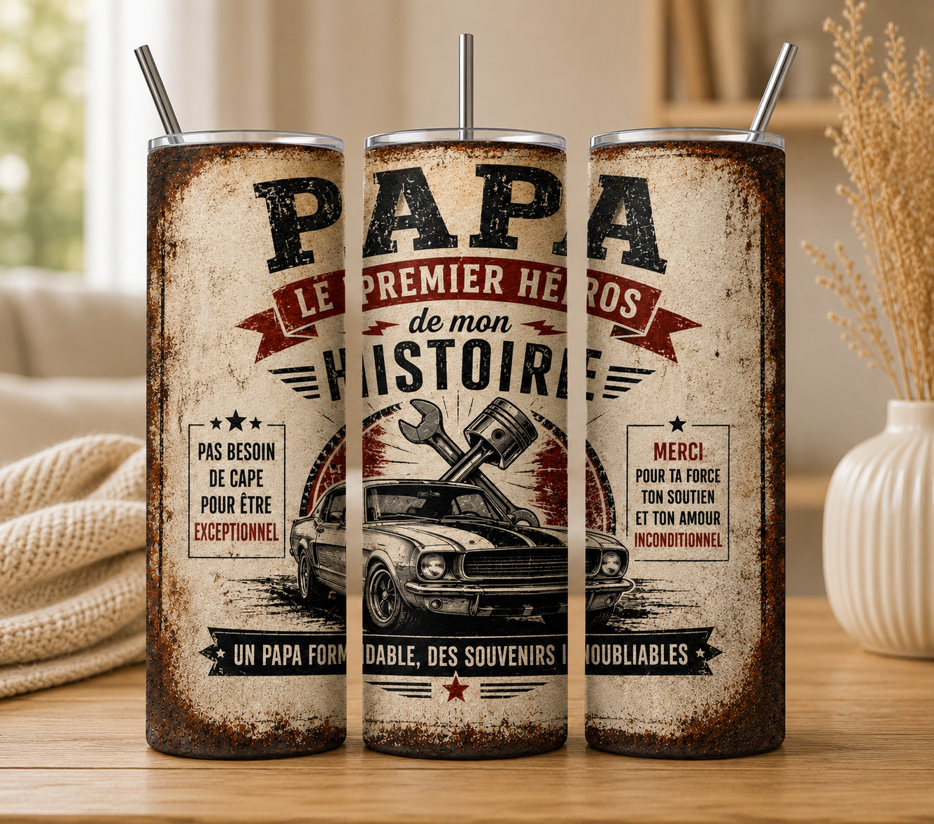 Gobelet Isotherme PAPA effet plaque "Plusieurs Modèles Disponibles" 20oz – Tumbler Papa avec Paille Métal