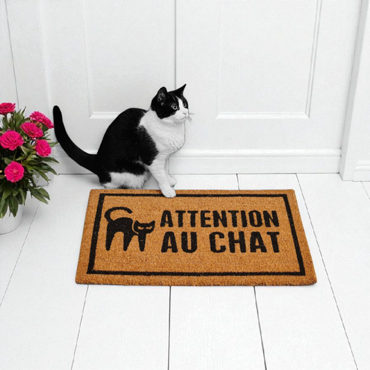 Paillasson Attention au chat  – Fibres de coco naturelles, dos antidérapan
