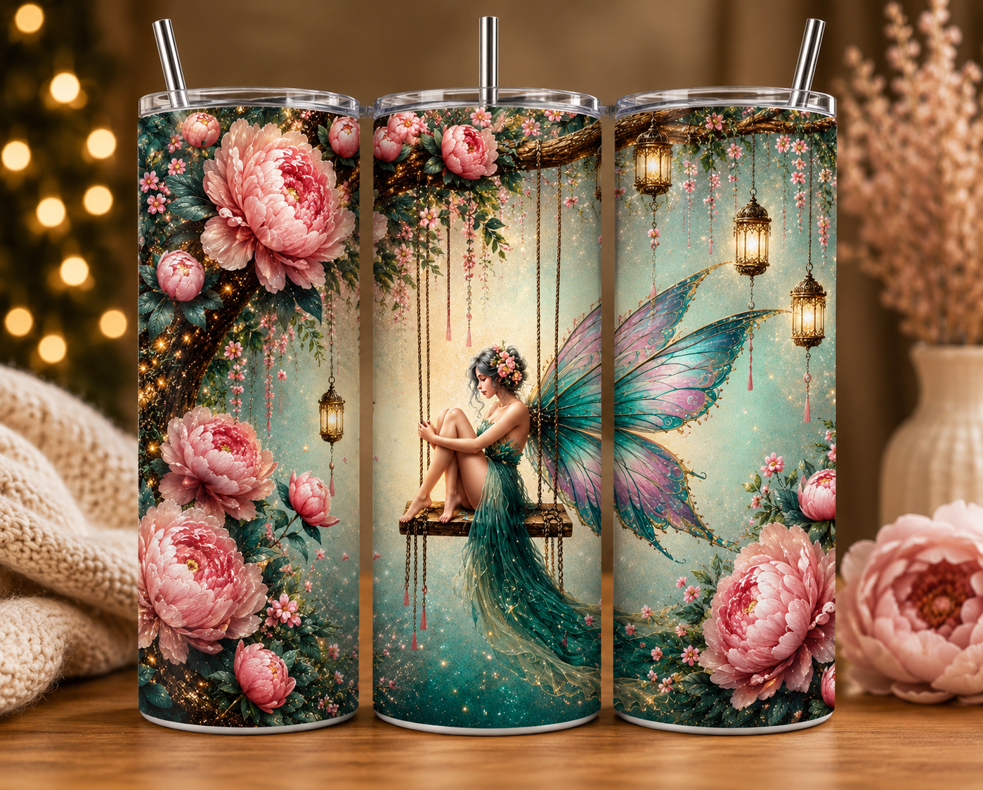 Gobelet Isotherme Fée Bleue Fleurs 20oz – Tumbler Féérique avec Paille Métal