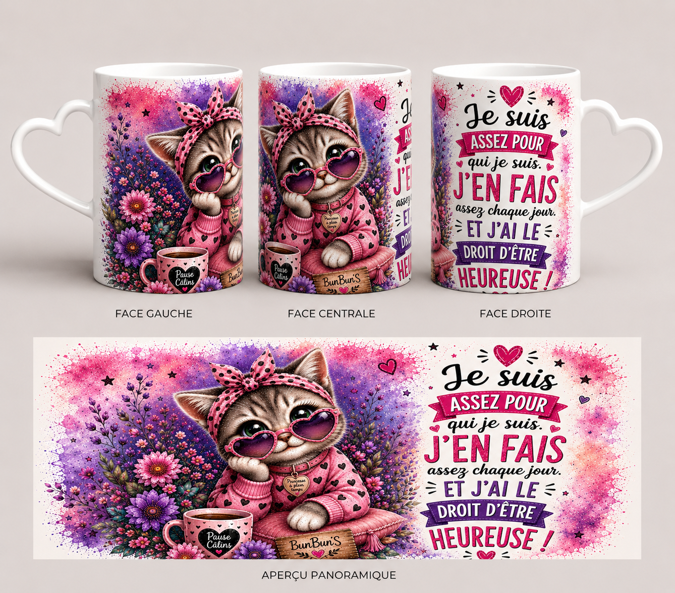Je Suis Assez Pour Qui Je Suis | Mug Anse Cœur 11 oz ou Tumbler Isotherme 20 oz | Chat Floral | Positive Attitude