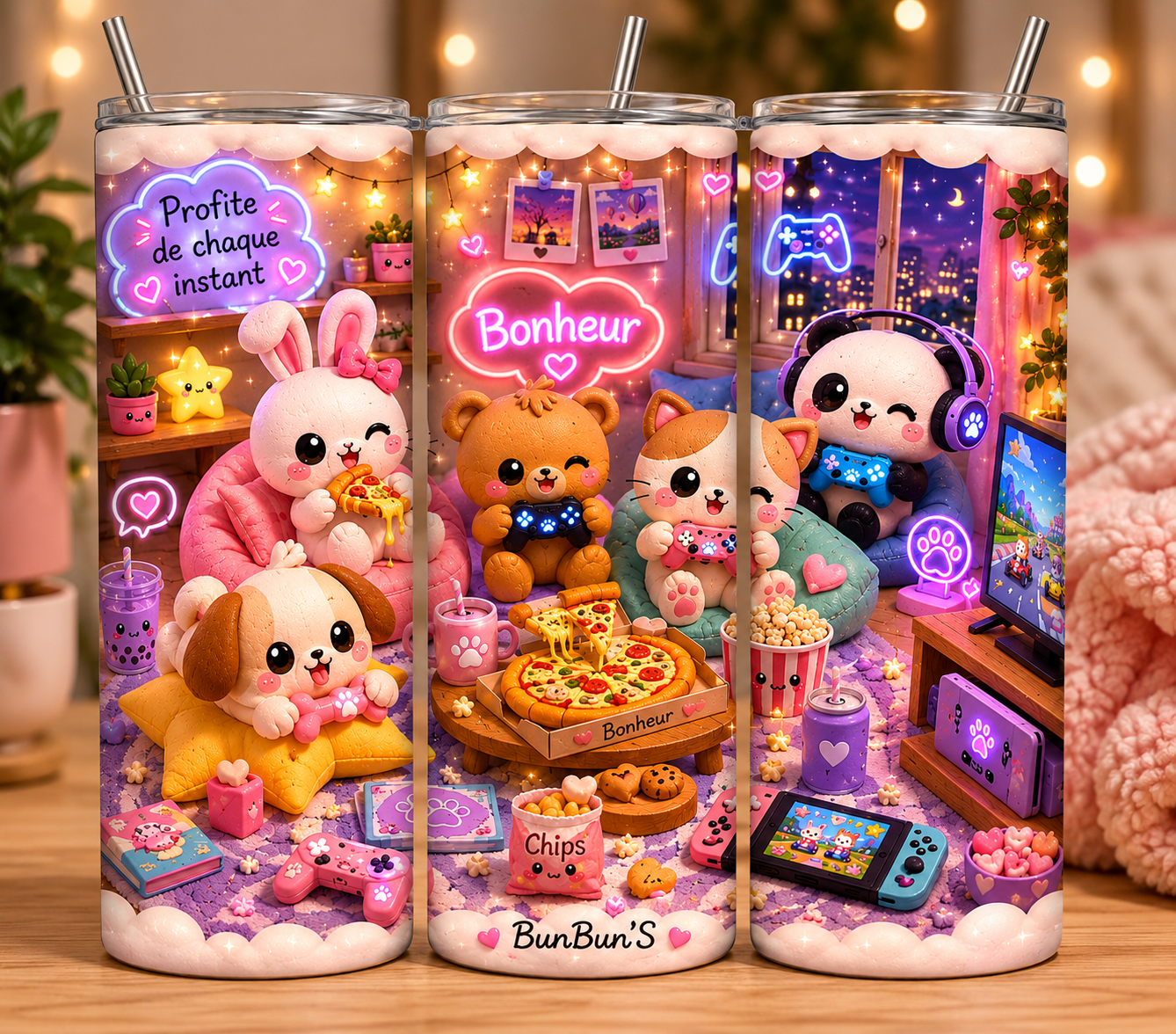 Gobelet Isotherme Animaux "Gamer" 20oz – Tumbler Kawaii avec Paille Métal