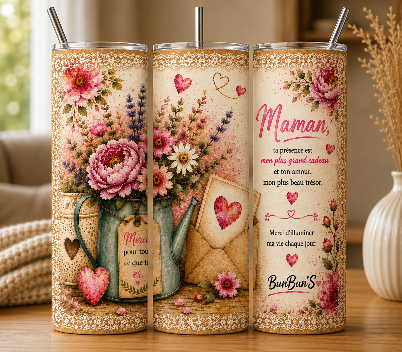 Gobelet Isotherme "Pot + Enveloppe" 20oz – Tumbler Maman avec Paille Métal
