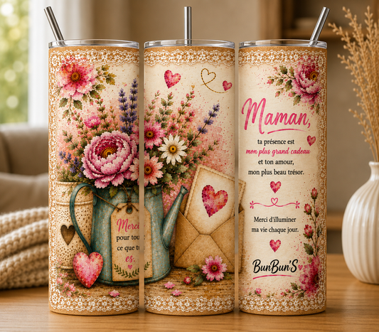 Gobelet Isotherme "Pot + Enveloppe" 20oz – Tumbler Maman avec Paille Métal