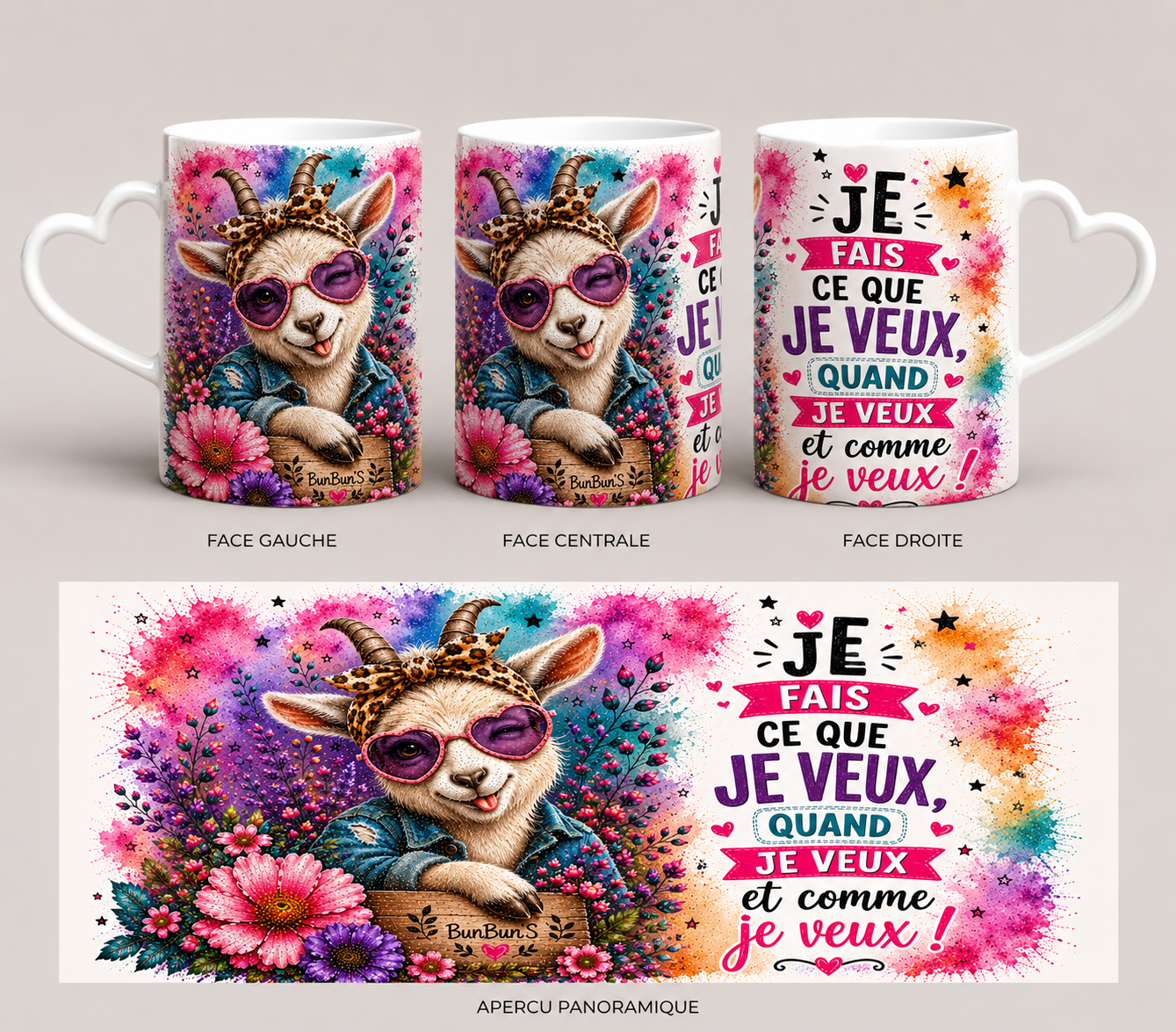 Je Fais Ce Que Je Veux Quand Je Veux | Mug Anse Cœur 11 oz ou Tumbler Isotherme 20 oz | Chèvre Floral | Positive Attitude