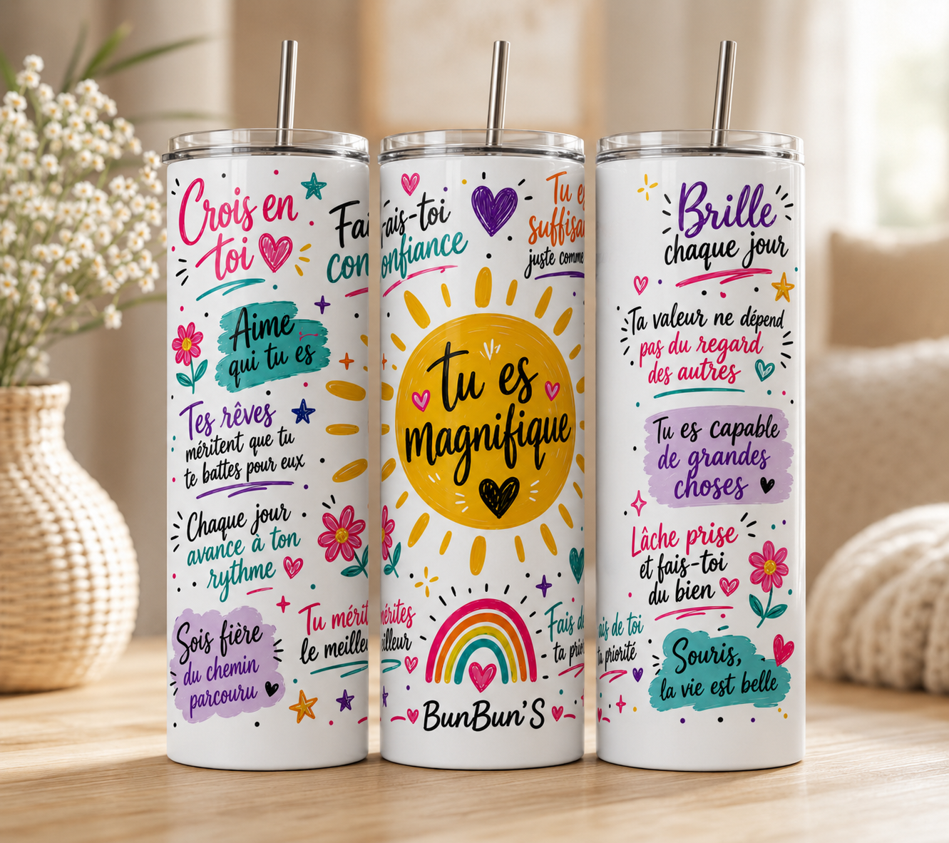 Gobelet Isotherme Positif "Tu Es Magnifique" 20oz – Tumbler Ondes Positives avec Paille Métal