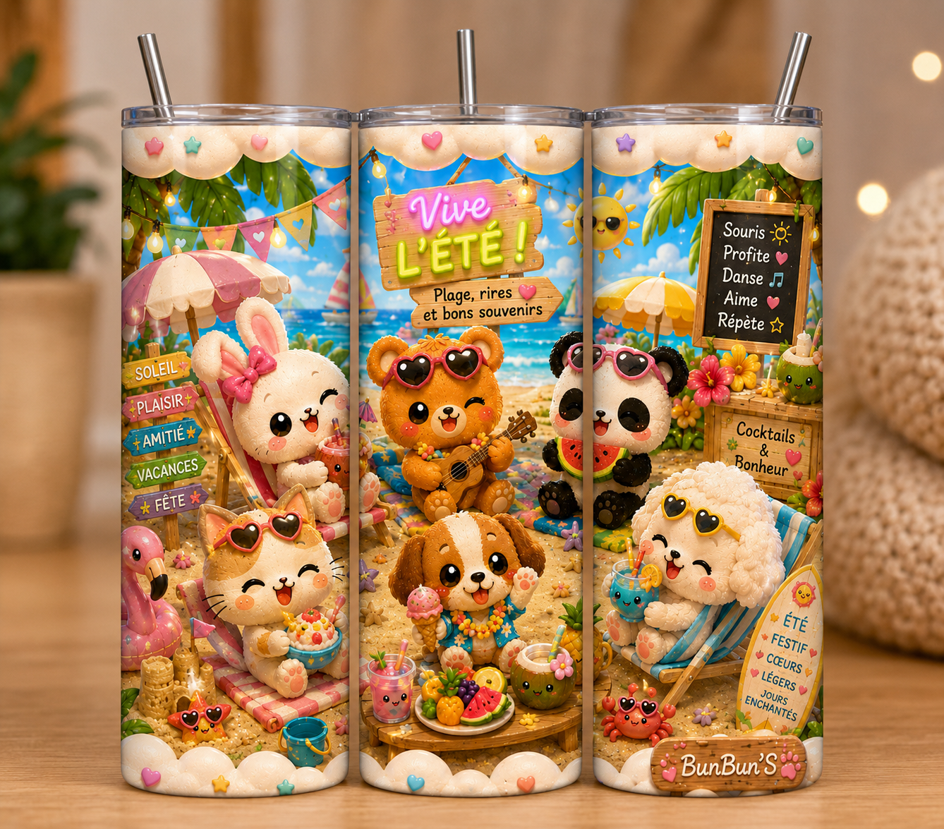 Gobelet Isotherme Chat "Vive L'été" 20oz – Tumbler Kawaii avec Paille Métal