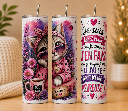 Je Suis Assez Pour Qui Je Suis | Mug Anse Cœur 11 oz ou Tumbler Isotherme 20 oz | Chat Floral | Positive Attitude