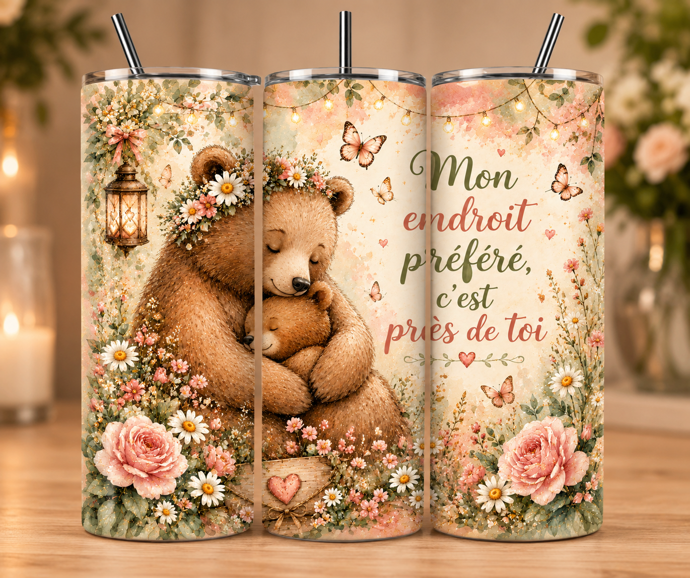 Gobelet Isotherme "Ours" 20oz – Tumbler Maman avec Paille Métal
