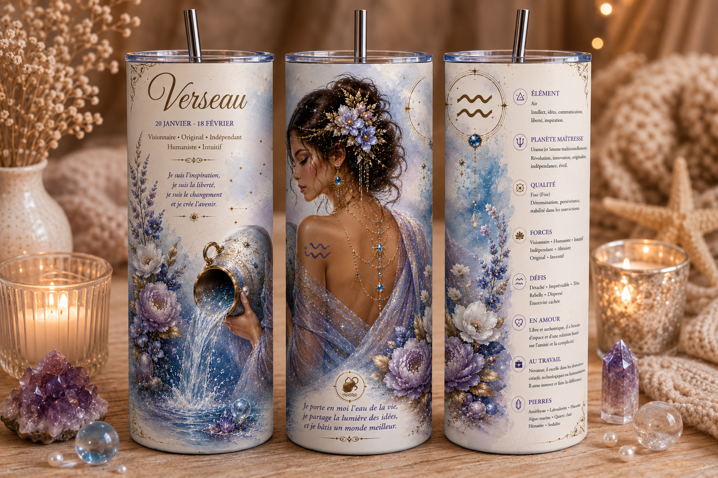 Gobelet Isotherme Signe du zodiaque "Plusieurs Modèles Disponibles"-20oz – Tumbler Astrologie avec Paille Métal