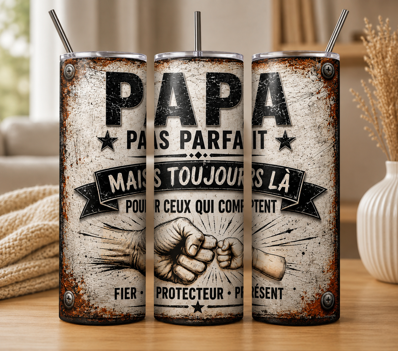 Gobelet Isotherme PAPA effet plaque "Plusieurs Modèles Disponibles" 20oz – Tumbler Papa avec Paille Métal