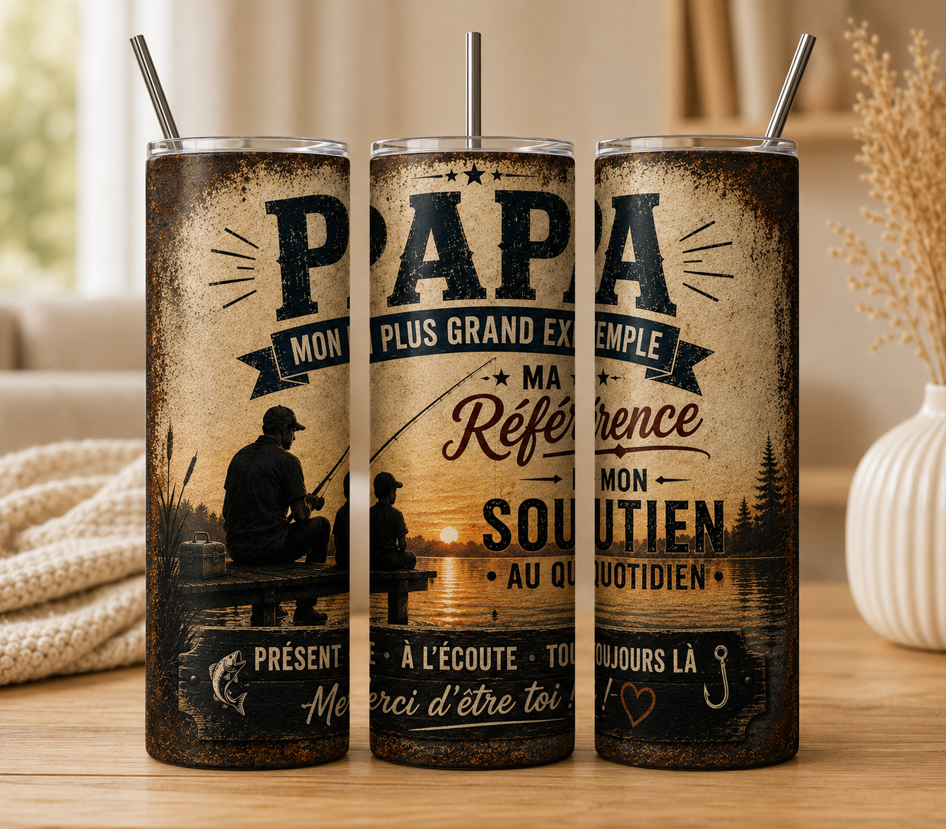 Gobelet Isotherme PAPA effet plaque "Plusieurs Modèles Disponibles" 20oz – Tumbler Papa avec Paille Métal
