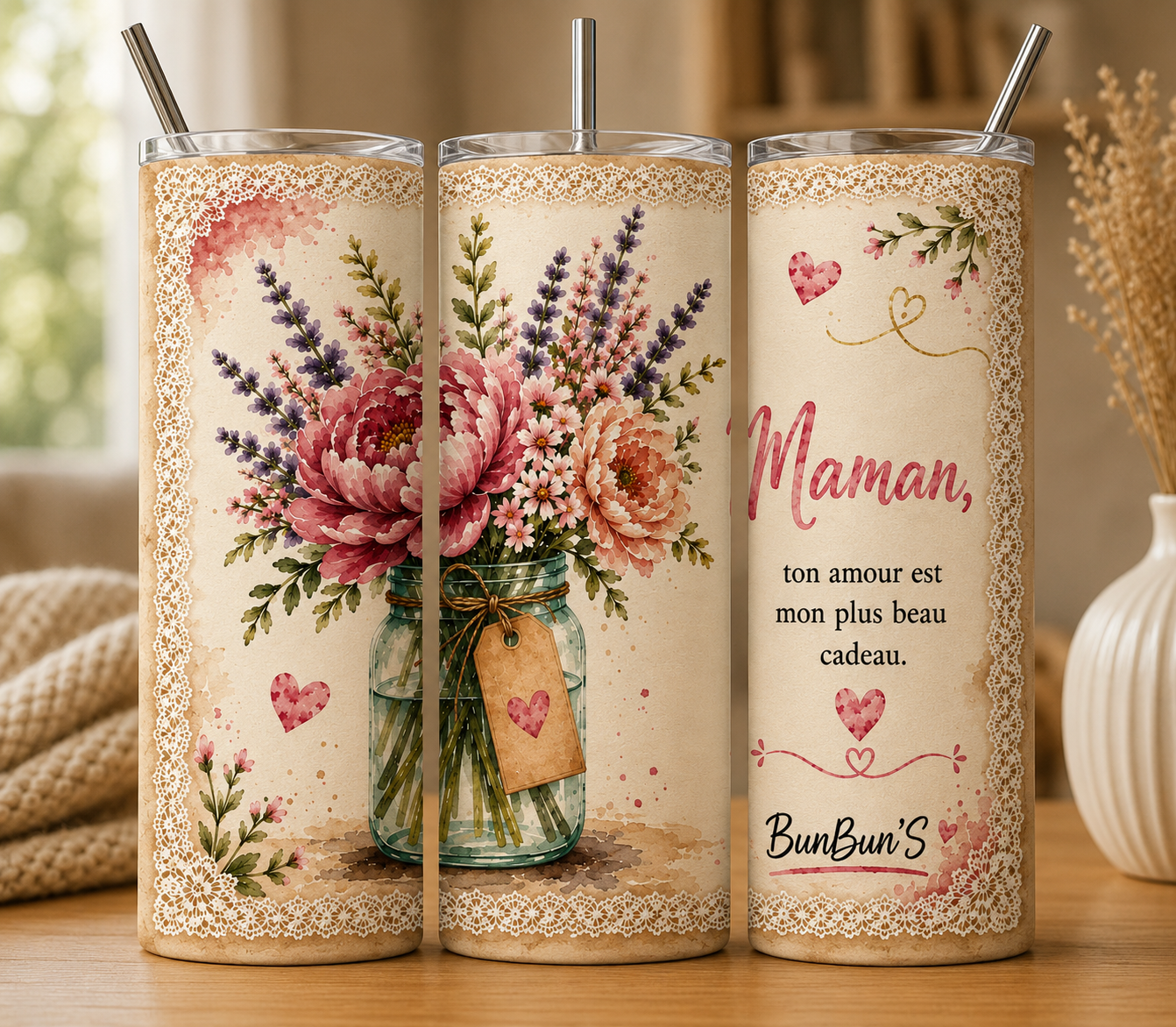 Gobelet Isotherme "Pot + Bouquet" 20oz – Tumbler Maman avec Paille Métal