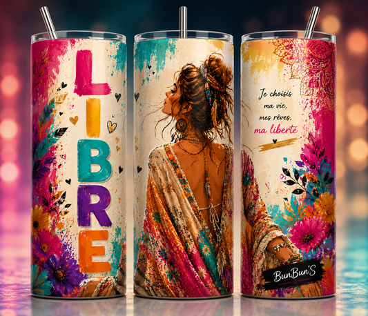 Gobelet Isotherme Bohème "Libre" 20oz – Tumbler Ondes Positives avec Paille Métal
