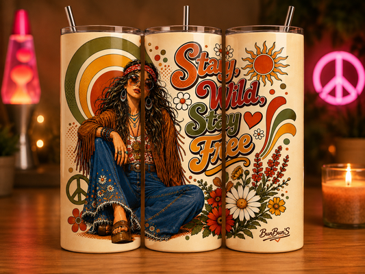 Gobelet Isotherme Hippie 70's "Stay Wild" 20oz – Tumbler Rétro | Vintage avec Paille Métal