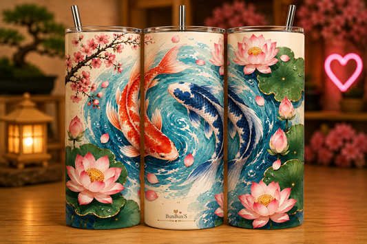Gobelet Isotherme "Carpe Koi" 20oz – Tumbler Ambiance Asiatique avec Paille Métal