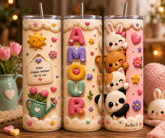Gobelet Isotherme Animaux "Amour" 20oz – Tumbler Kawaii avec Paille Métal