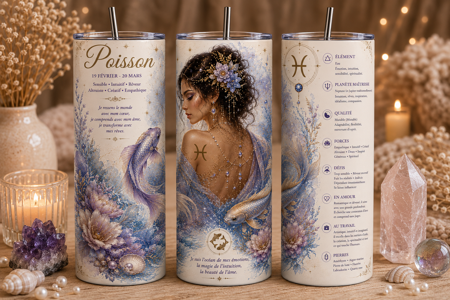Gobelet Isotherme Signe du zodiaque "Plusieurs Modèles Disponibles"-20oz – Tumbler Astrologie avec Paille Métal