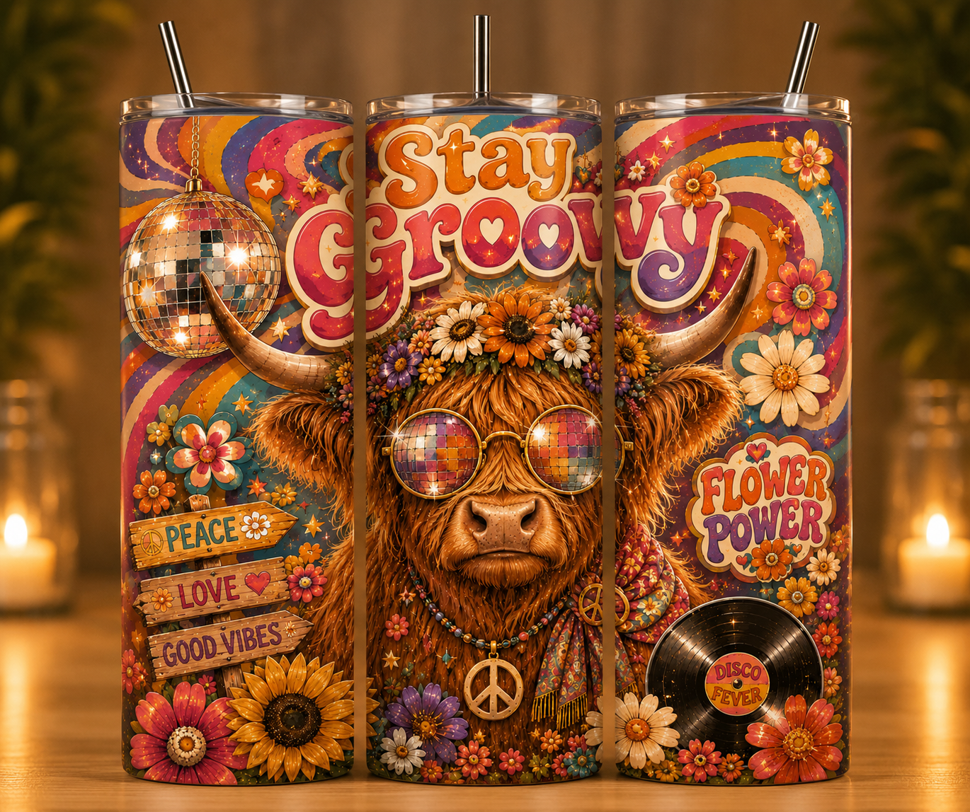 Gobelet Isotherme "Stay Groovy" 20oz – Tumbler Rétro avec Paille Métal