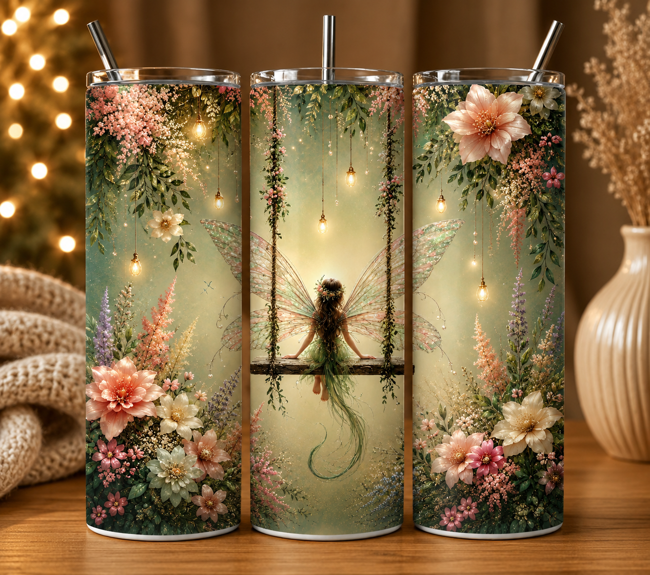Gobelet Isotherme Fée Dos Fleurs 20oz – Tumbler Féérique avec Paille Métal