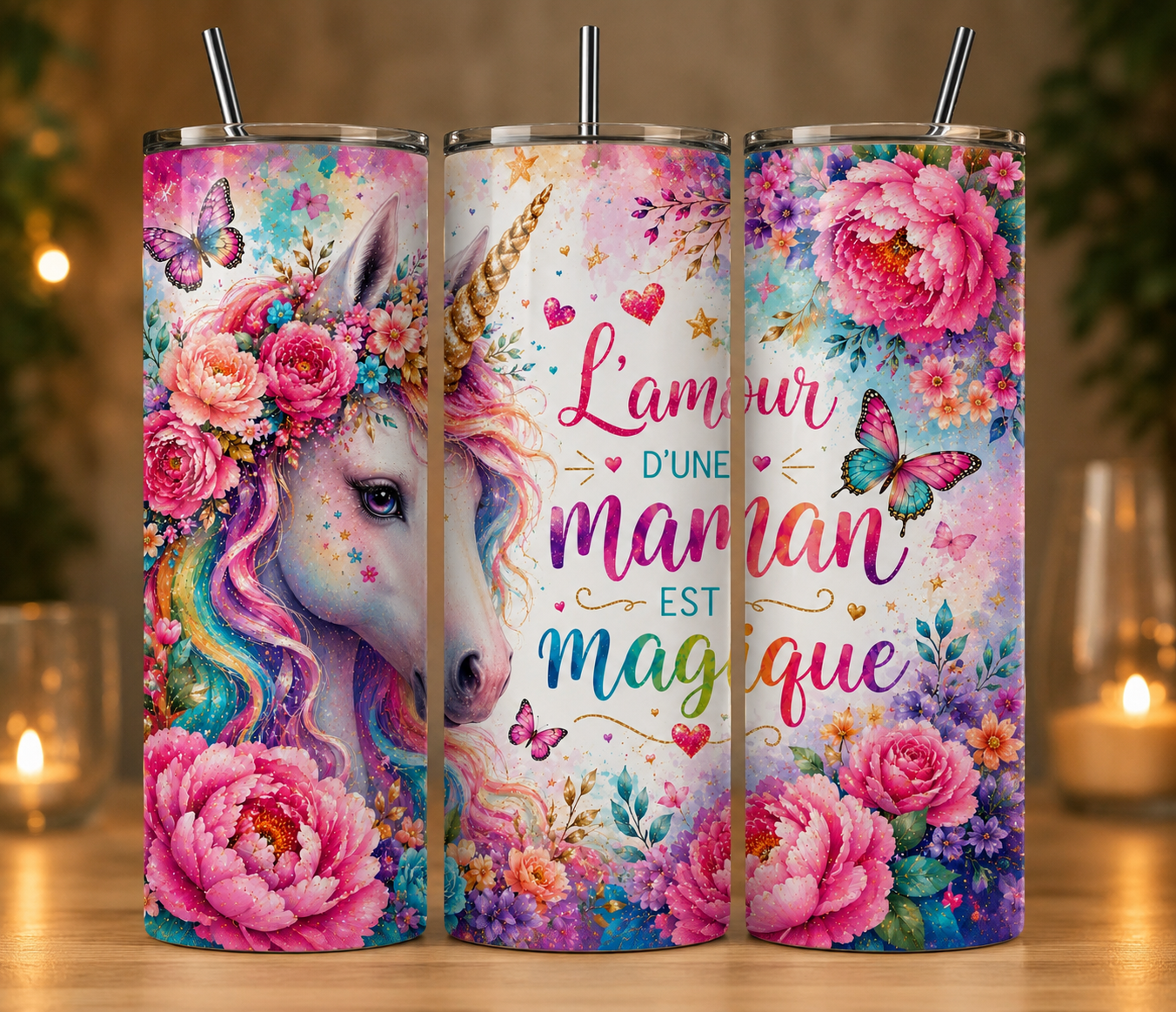 Gobelet Isotherme "Licorne" 20oz – Tumbler Maman avec Paille Métal