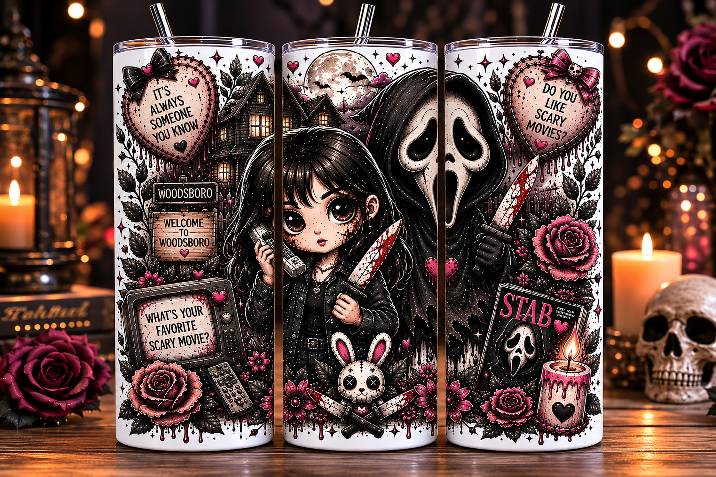Gobelet Isotherme Ghostface + Sydney "Stab" 20oz – Tumbler Horreur Chibi avec Paille Métal