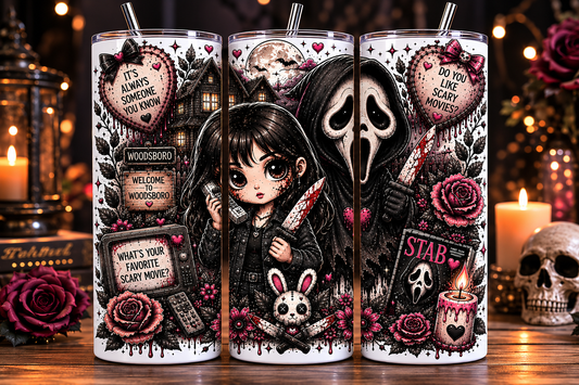 Gobelet Isotherme Ghostface + Sydney "Stab" 20oz – Tumbler Horreur Chibi avec Paille Métal
