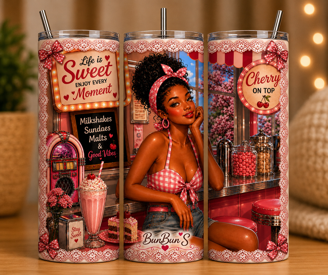 Gobelet Isotherme Pin-up "Cherry" 20oz – Tumbler Rétro | Vintage avec Paille Métal